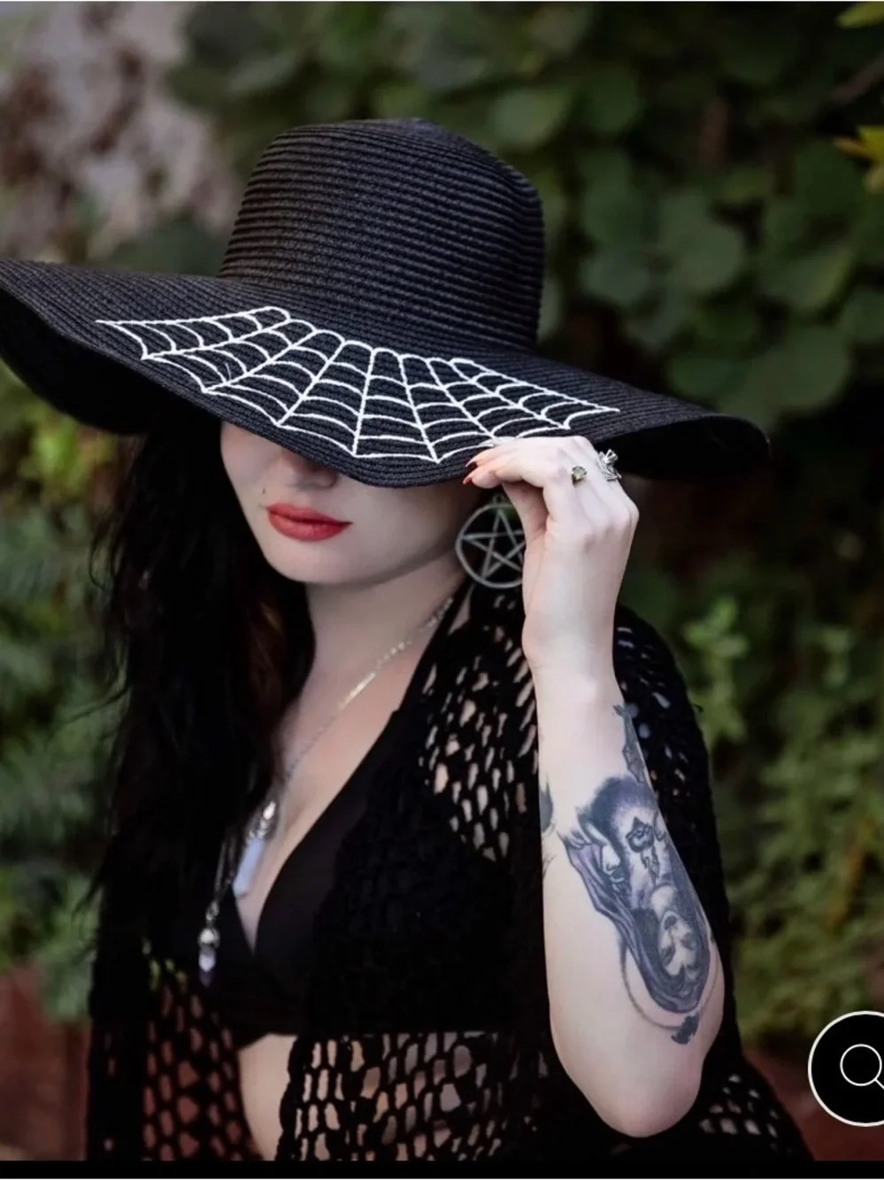 Black Wide-Brim Straw Sun Hat with White Spiderweb Stitching